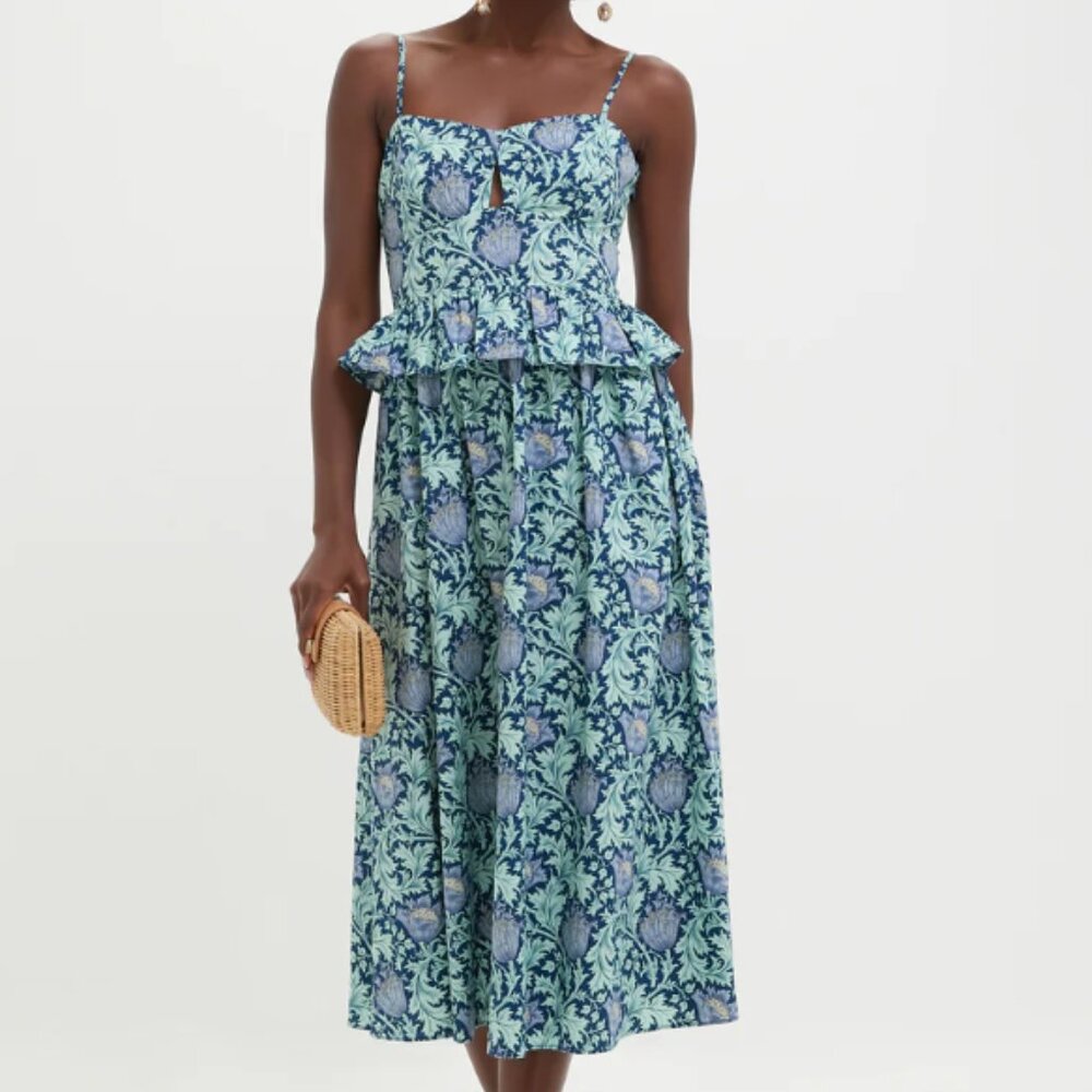 Floral Print Peplum Midi Dress - Blue/Green